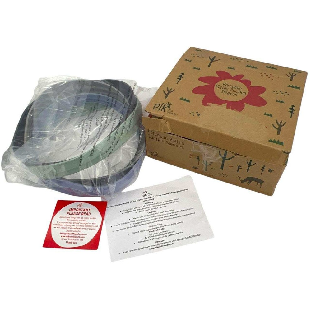 Elk & Friends Baby Toddler 4-Pack Suction Sleeves (for‎ porcelain plates) NIB